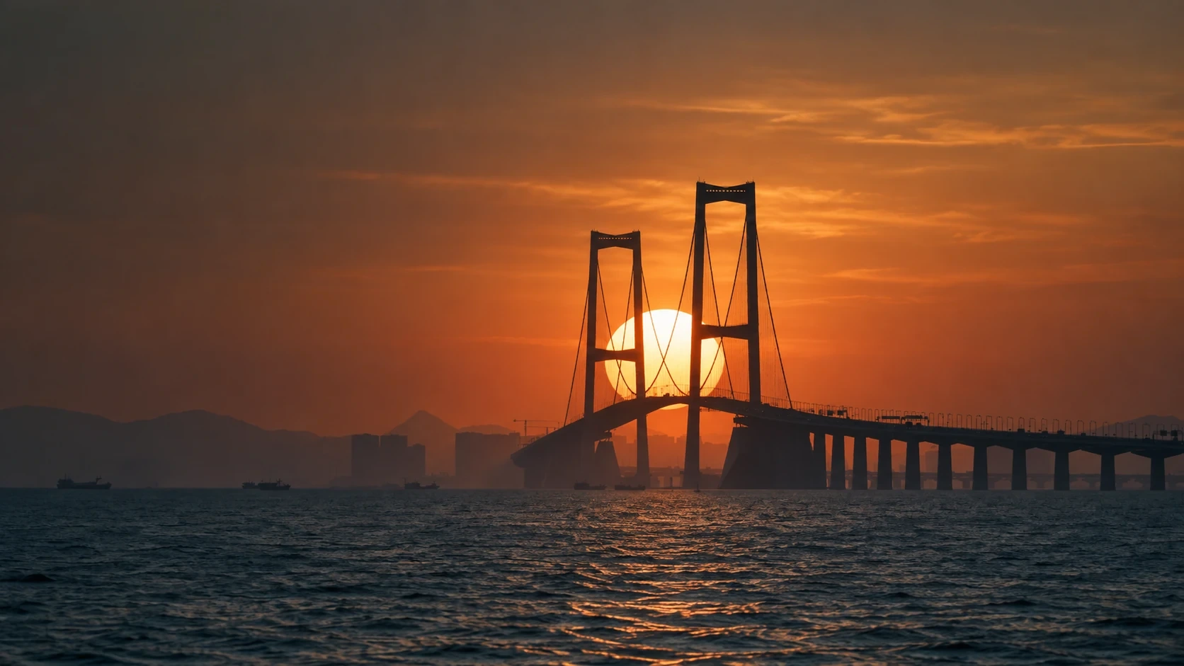 落日大桥：夕阳穿过桥塔落向海面